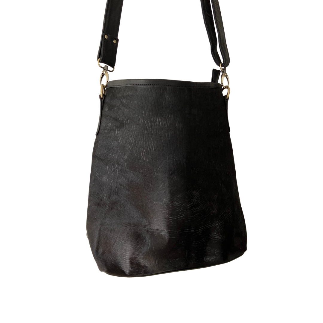 ' BILLIE ' black leather + black cowhide handbag