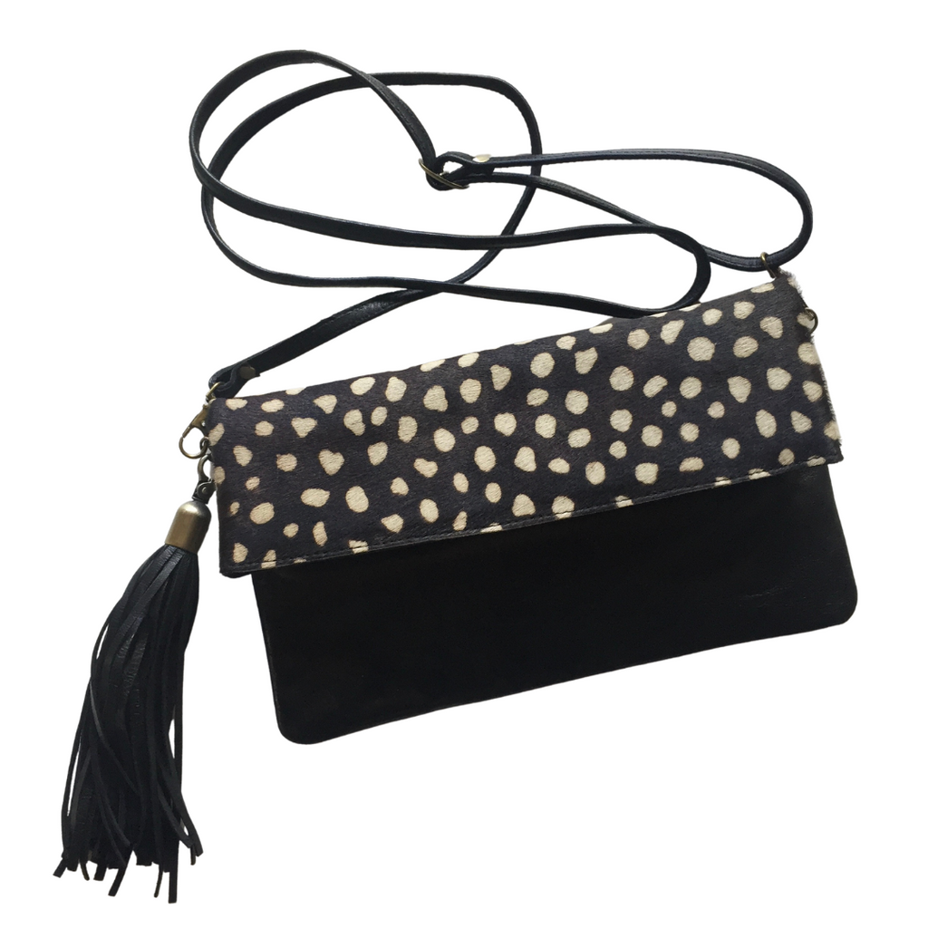 ' COCO ' black leather + spot cowhide clutch