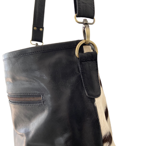 ' BILLIE ' black leather + black & white cowhide handbag