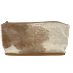 'BROOKLYN' tan leather + tan & white cowhide makeup/toiletry bag