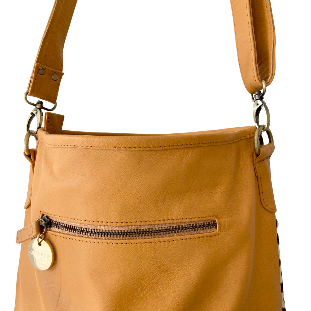 ' BILLIE ' tan leather + tan spot cowhide handbag