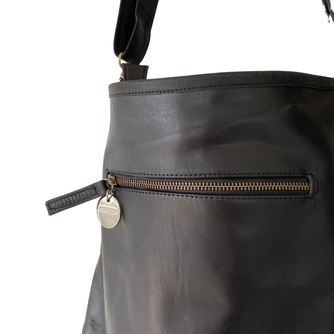 ' BILLIE ' black leather + black & white cowhide handbag