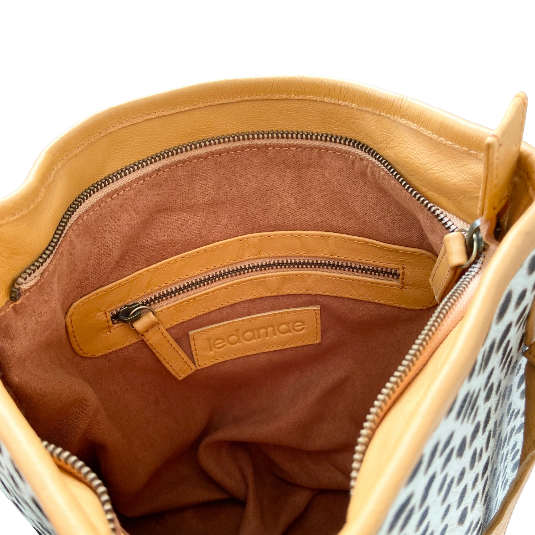 ' BILLIE ' tan leather + tan spot cowhide handbag