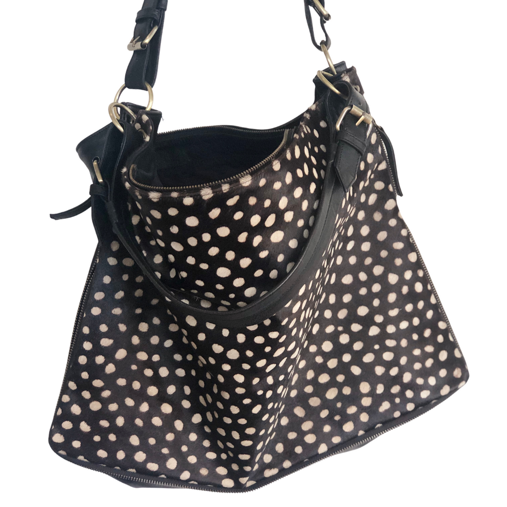 ' AUDREY ' black leather + spot cowhide handbag