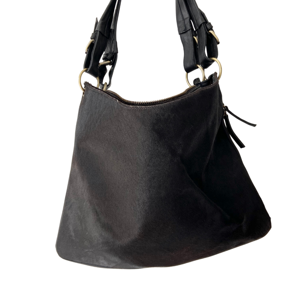 ' AUDREY ' black leather + black cowhide handbag