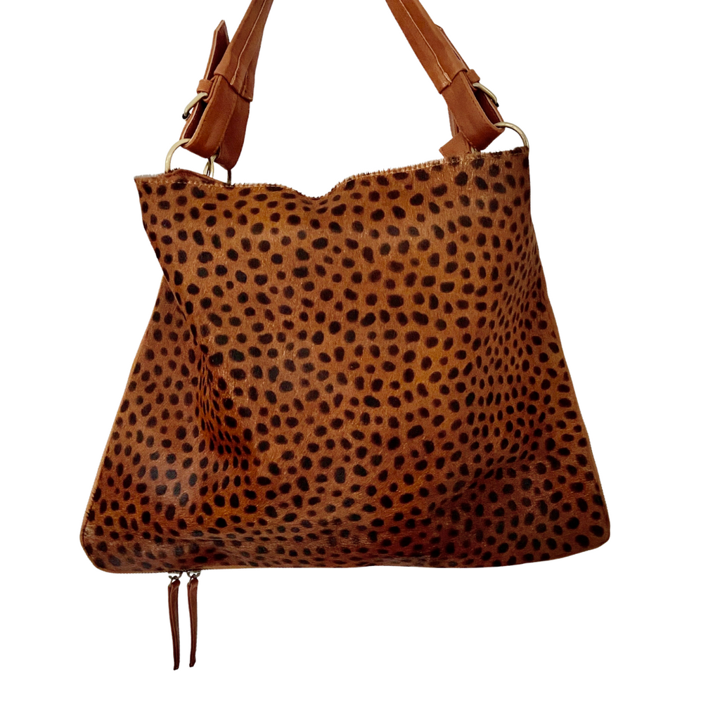 ' AUDREY ' tan leather + tan spot cowhide handbag