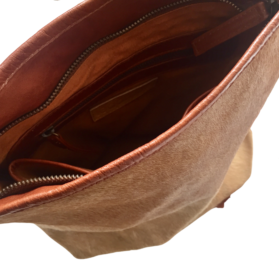 ' BILLIE ' tan leather + tan cowhide handbag