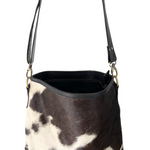 ' BILLIE ' black leather + black & white cowhide handbag