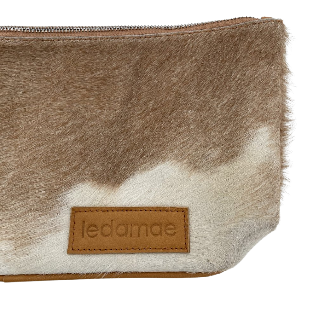 'BROOKLYN' tan leather + tan & white cowhide makeup/toiletry bag