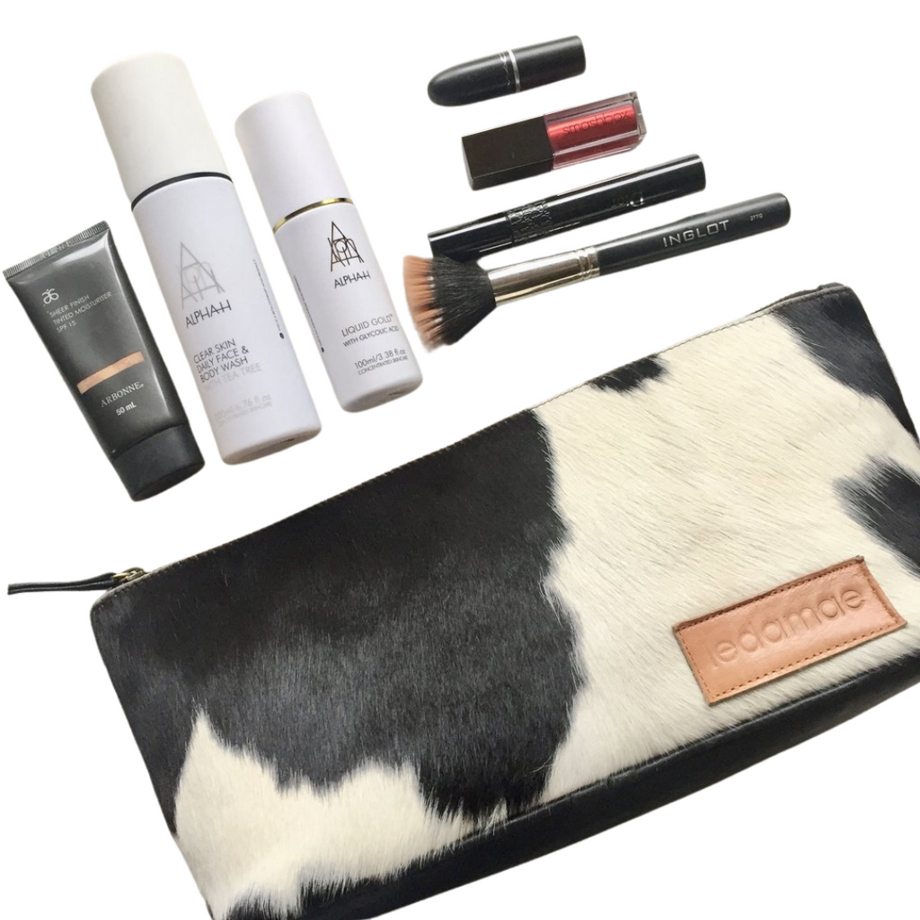 'BROOKLYN' black leather + black & white cowhide makeup/toiletry bag