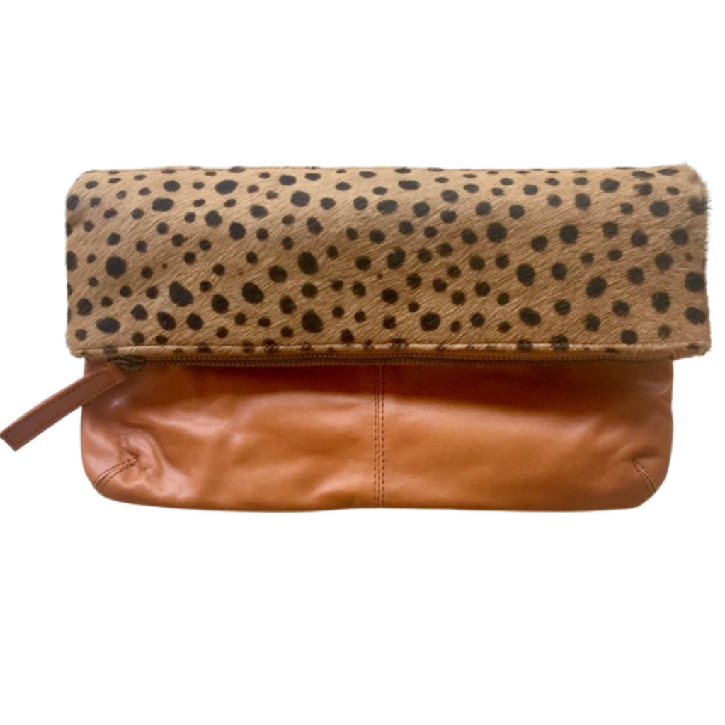 ' MAE ' tan leather + tan spot cowhide clutch