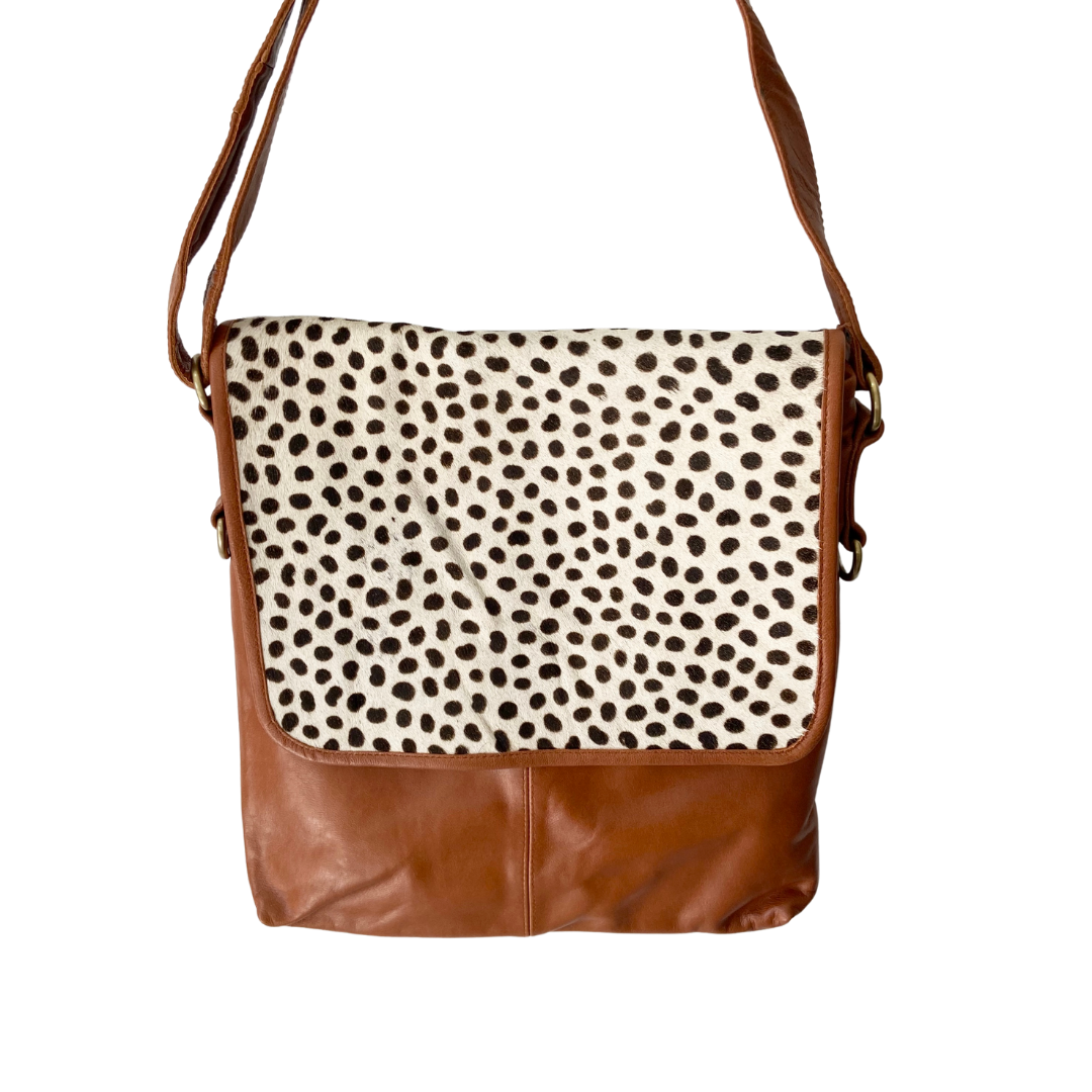 ' LEIGH ' tan leather + tan spot cowhide handbag