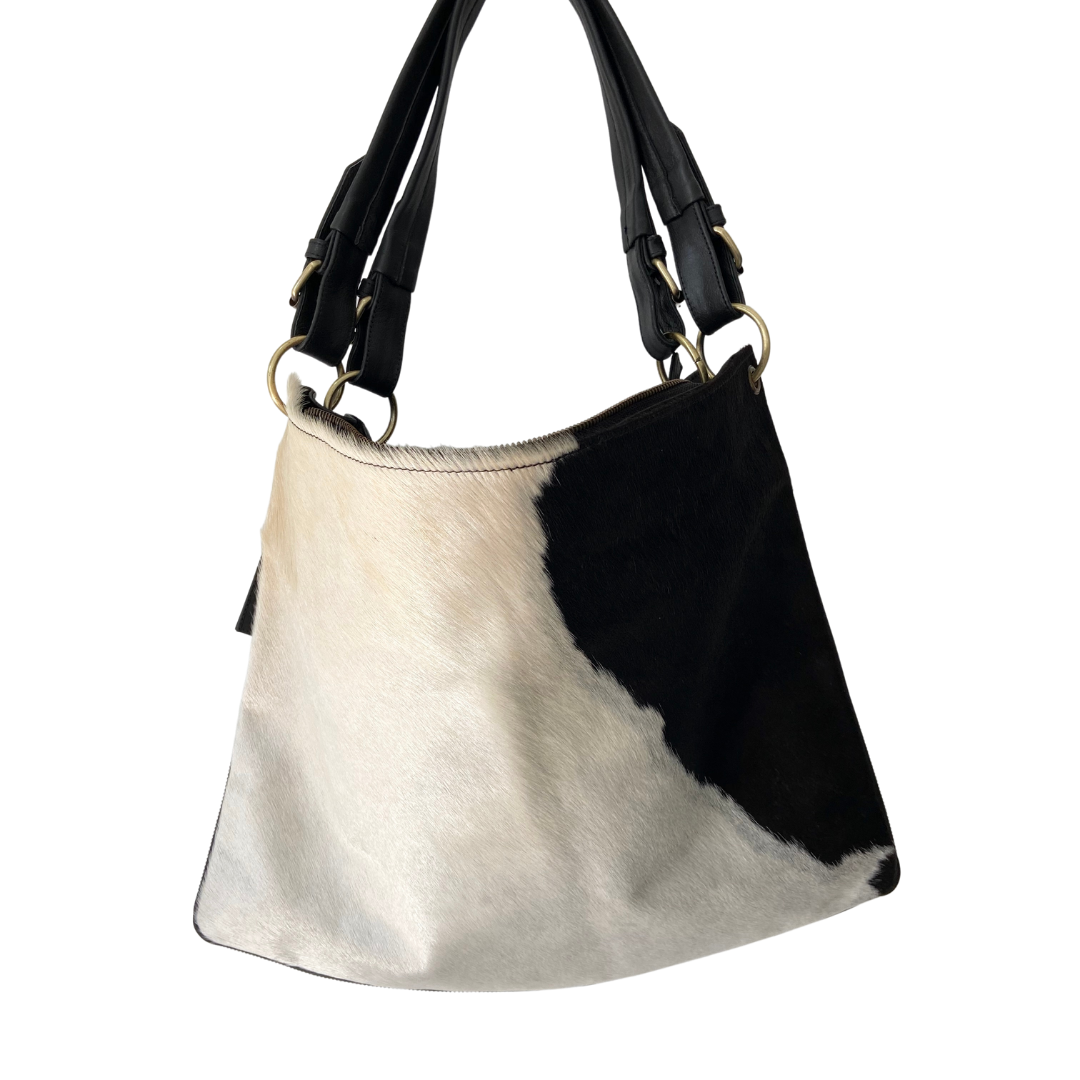 AUDREY black leather black white cowhide handbag ledamae