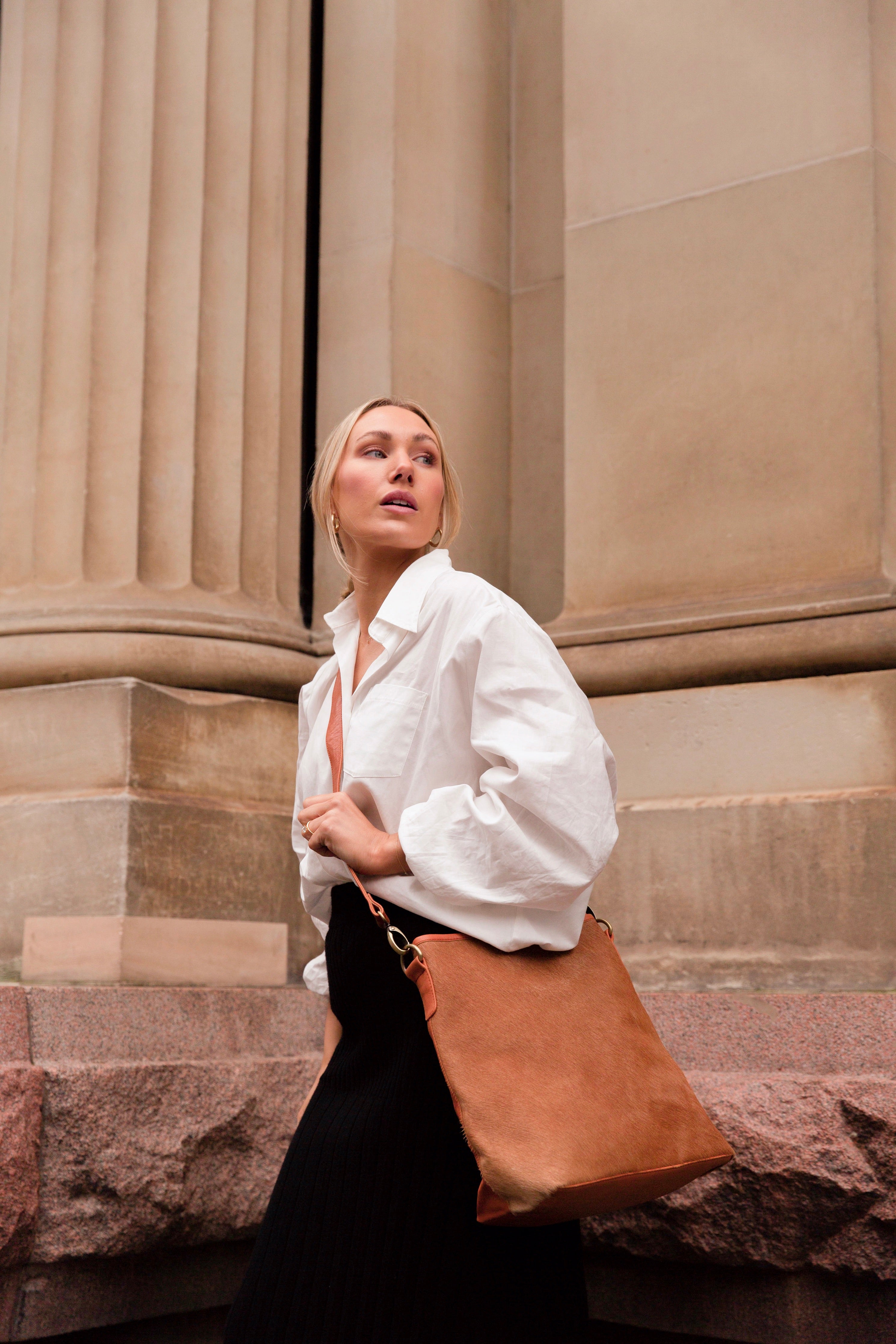 ' BILLIE ' tan leather + tan cowhide handbag