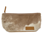 'BROOKLYN' tan leather + tan & white cowhide makeup/toiletry bag