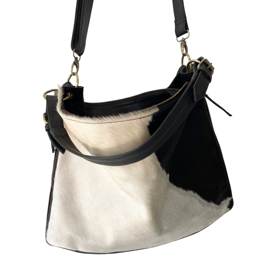 ' AUDREY ' black leather + black & white cowhide handbag