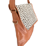 ' LEIGH ' tan leather + tan spot cowhide handbag