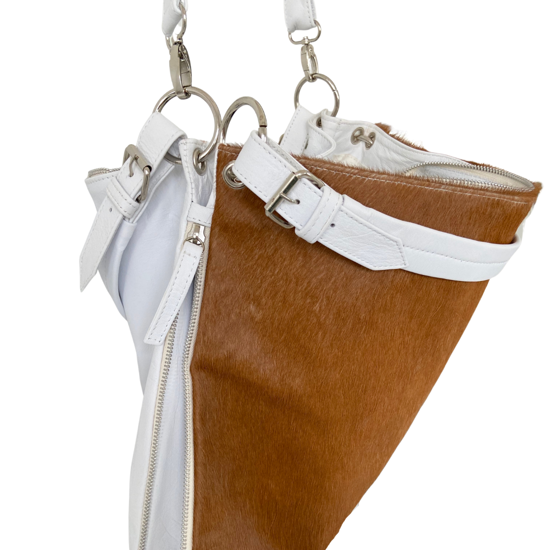 ' AUDREY ' white leather + tan cowhide handbag
