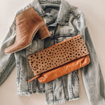 ' MAE ' tan leather + tan spot cowhide clutch