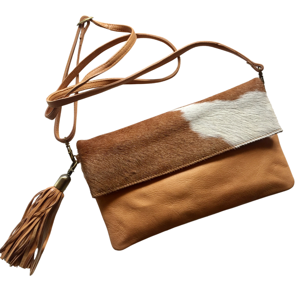 ' COCO ' tan leather + tan & white cowhide clutch