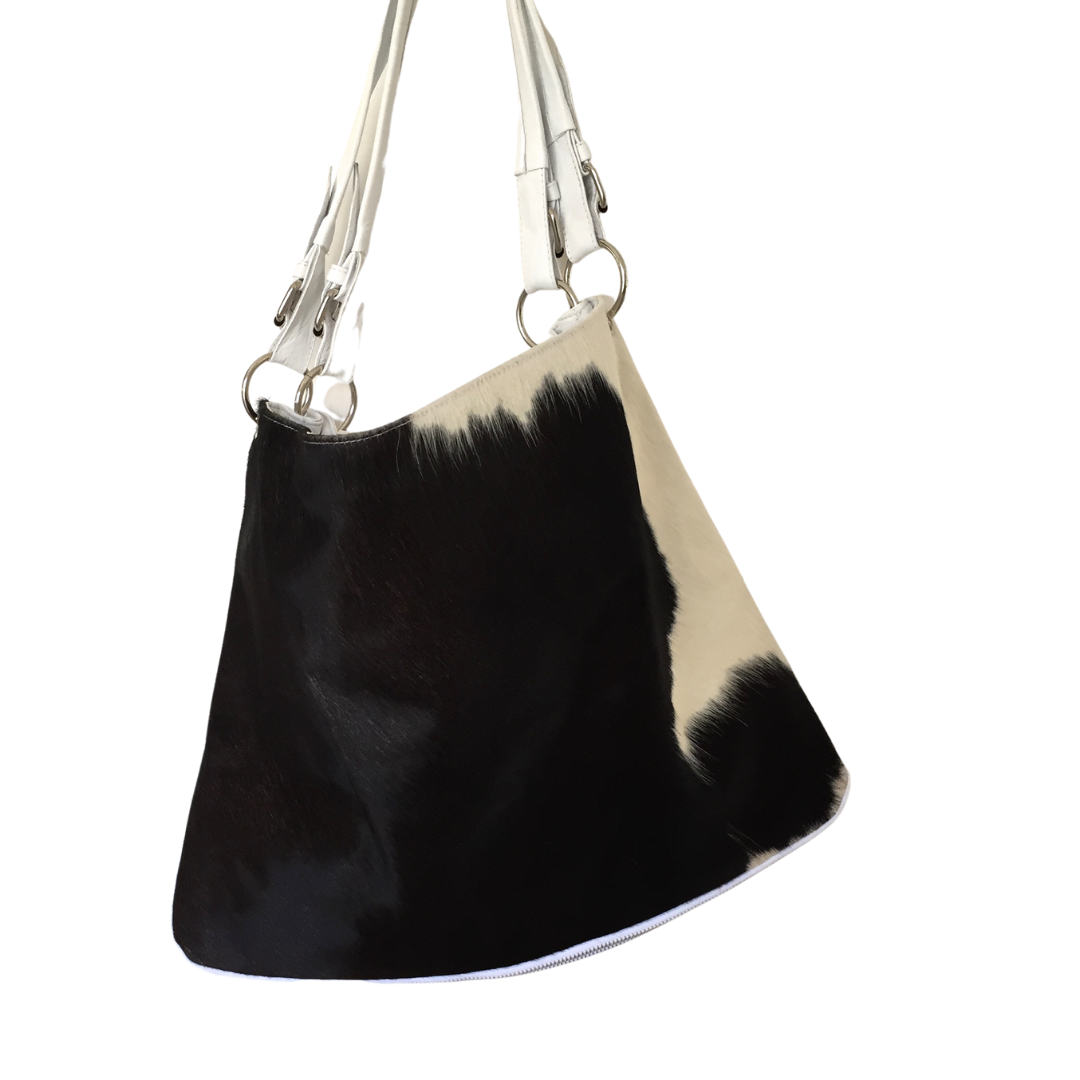 ' AUDREY ' white leather + black & white cowhide handbag