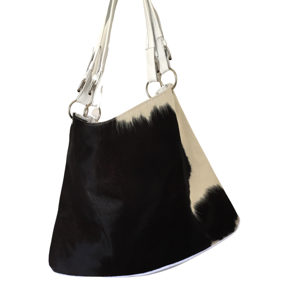 ' AUDREY ' white leather + black & white cowhide handbag