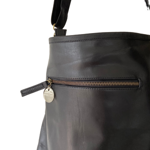 ' BILLIE ' black leather + black & white cowhide handbag