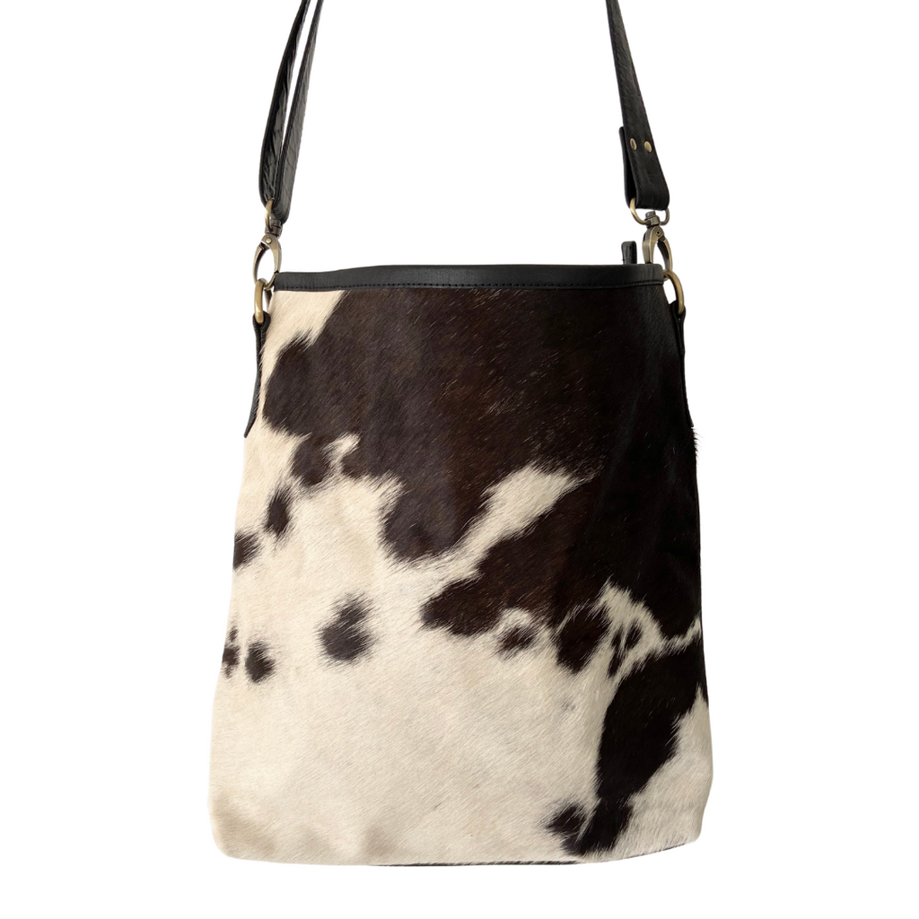 ' BILLIE ' black leather + black & white cowhide handbag