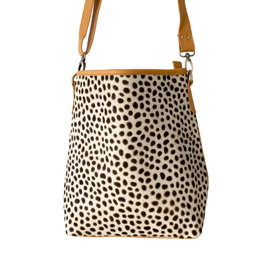 ' BILLIE ' tan leather + tan spot cowhide handbag