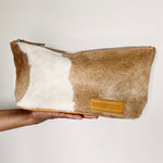 'BROOKLYN' tan leather + tan & white cowhide makeup/toiletry bag