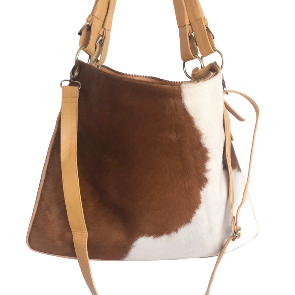 ' AUDREY ' tan leather + tan & white cowhide handbag