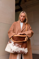 ' AUDREY ' tan leather + tan & white cowhide handbag