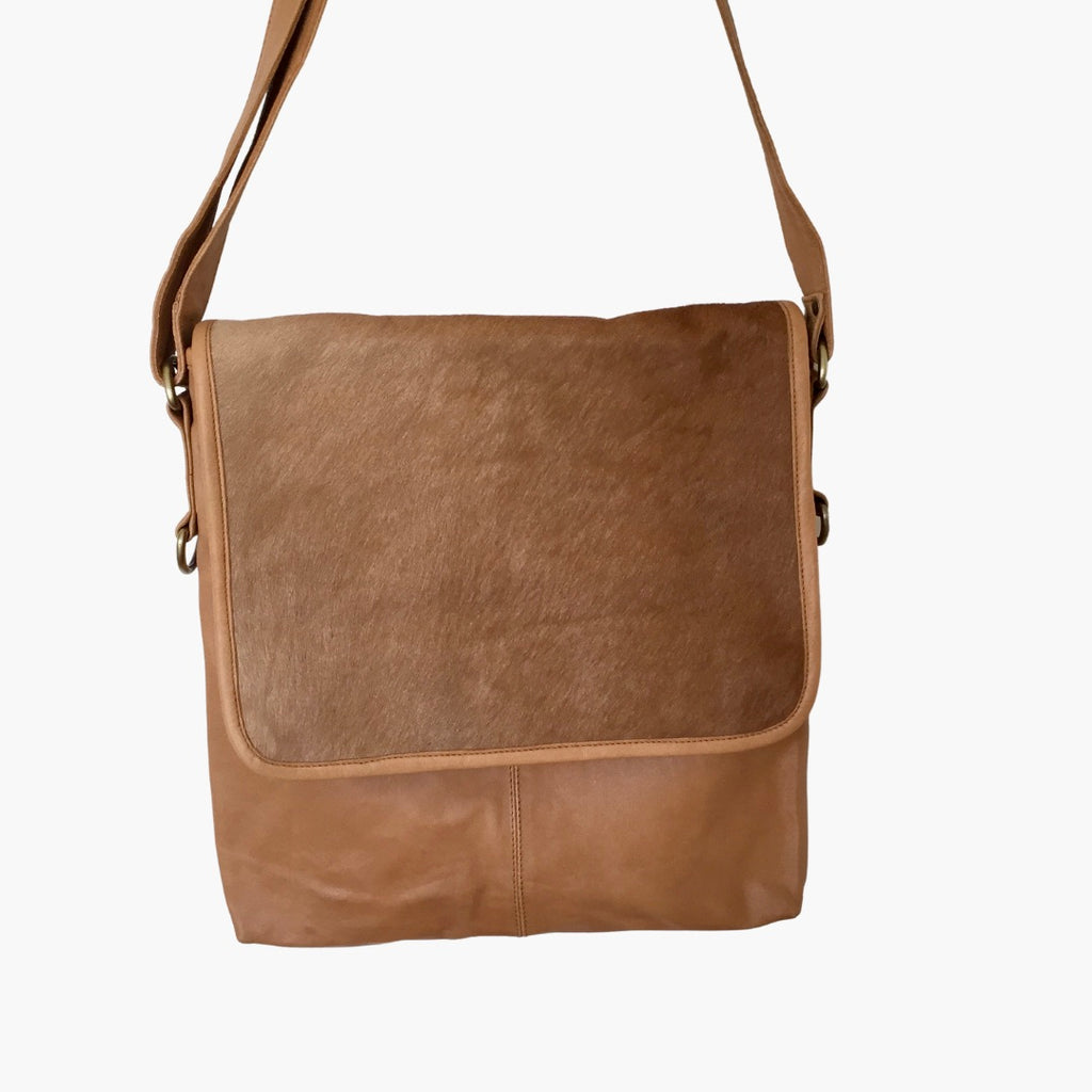 ' LEIGH ' tan leather + tan cowhide handbag