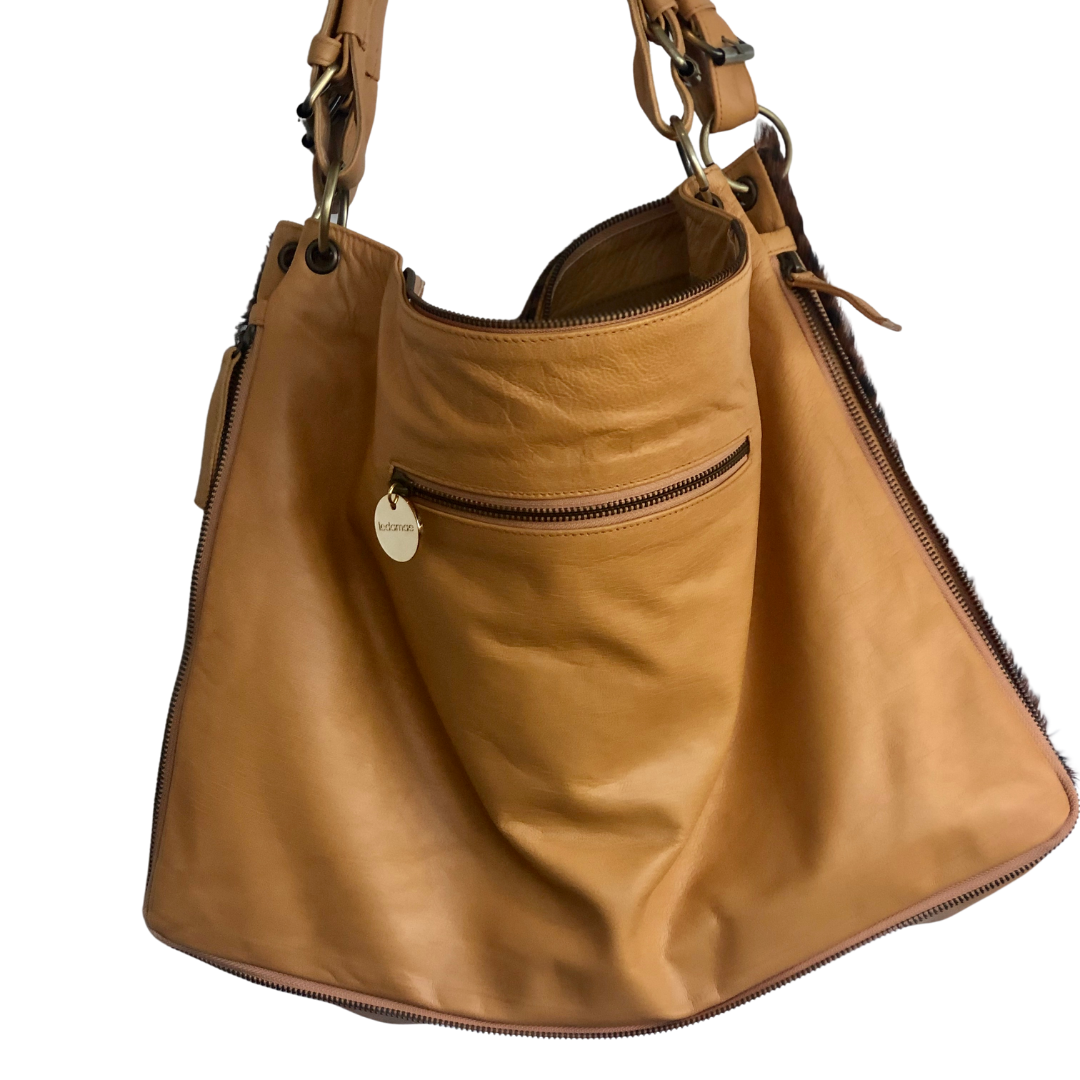 ' AUDREY ' tan leather + tan & white cowhide handbag