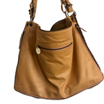 ' AUDREY ' tan leather + tan & white cowhide handbag