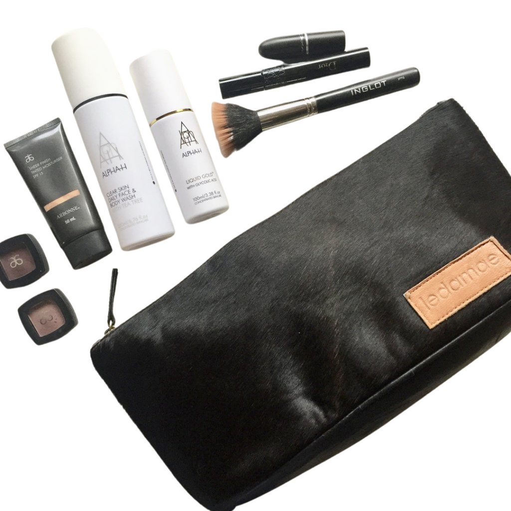'BROOKLYN' black leather + black cowhide makeup/toiletry bag
