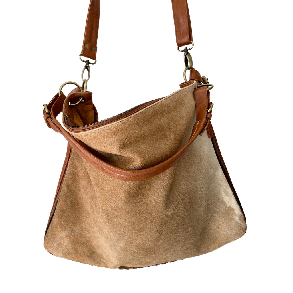 ' AUDREY ' tan leather + tan cowhide handbag