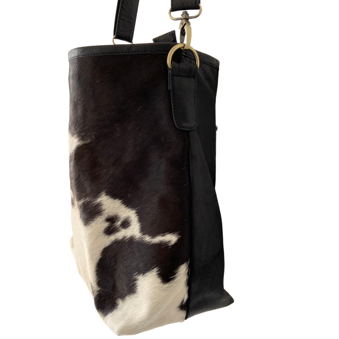 ' BILLIE ' black leather + black & white cowhide handbag