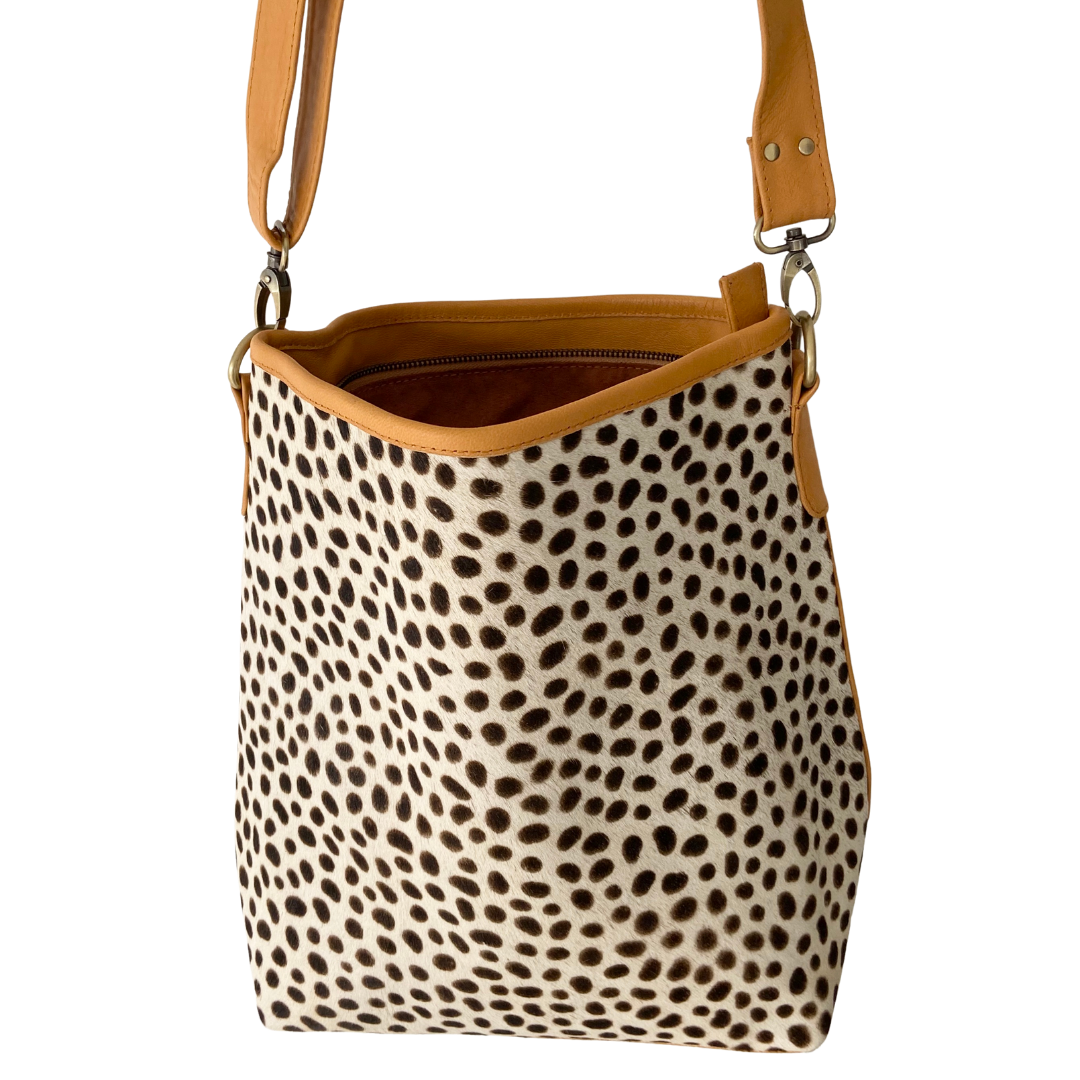 ' BILLIE ' tan leather + tan spot cowhide handbag