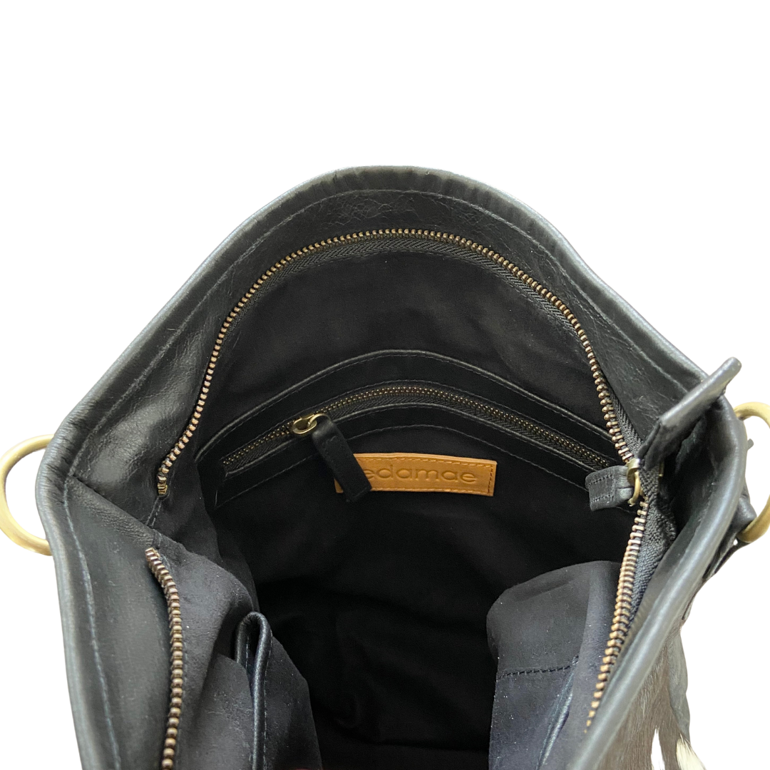 ' BILLIE ' black leather + black & white cowhide handbag