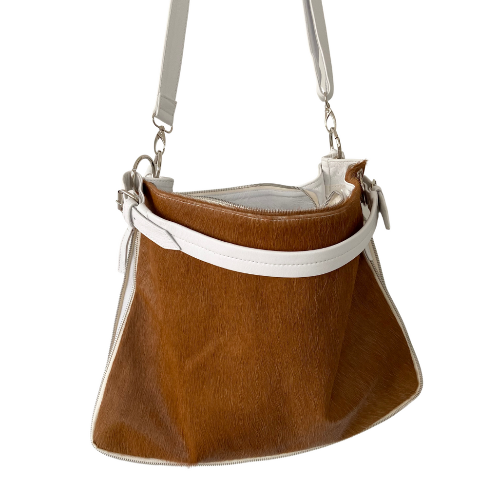 ' AUDREY ' white leather + tan cowhide handbag
