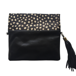 ' COCO ' black leather + spot cowhide clutch