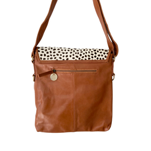 ' LEIGH ' tan leather + tan spot cowhide handbag