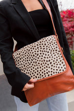 ' LEIGH ' tan leather + tan spot cowhide handbag