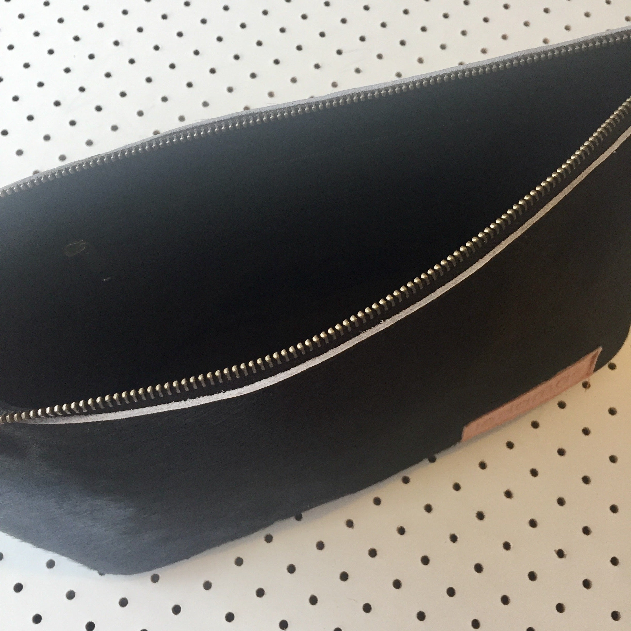 'BROOKLYN' black leather + black cowhide makeup/toiletry bag
