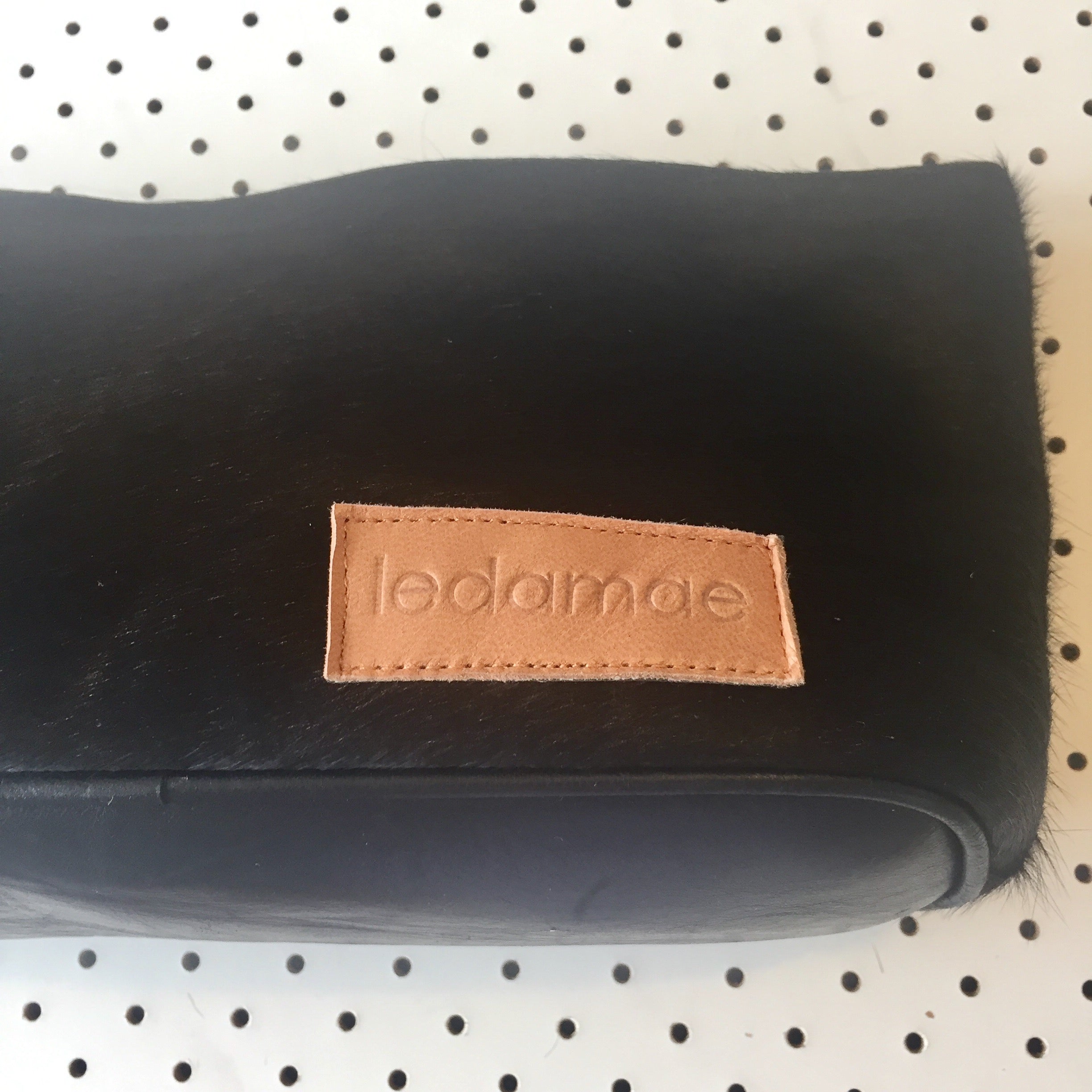 'BROOKLYN' black leather + black cowhide makeup/toiletry bag