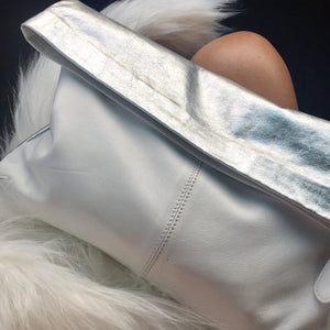 ' MAE ' silver + white leather clutch