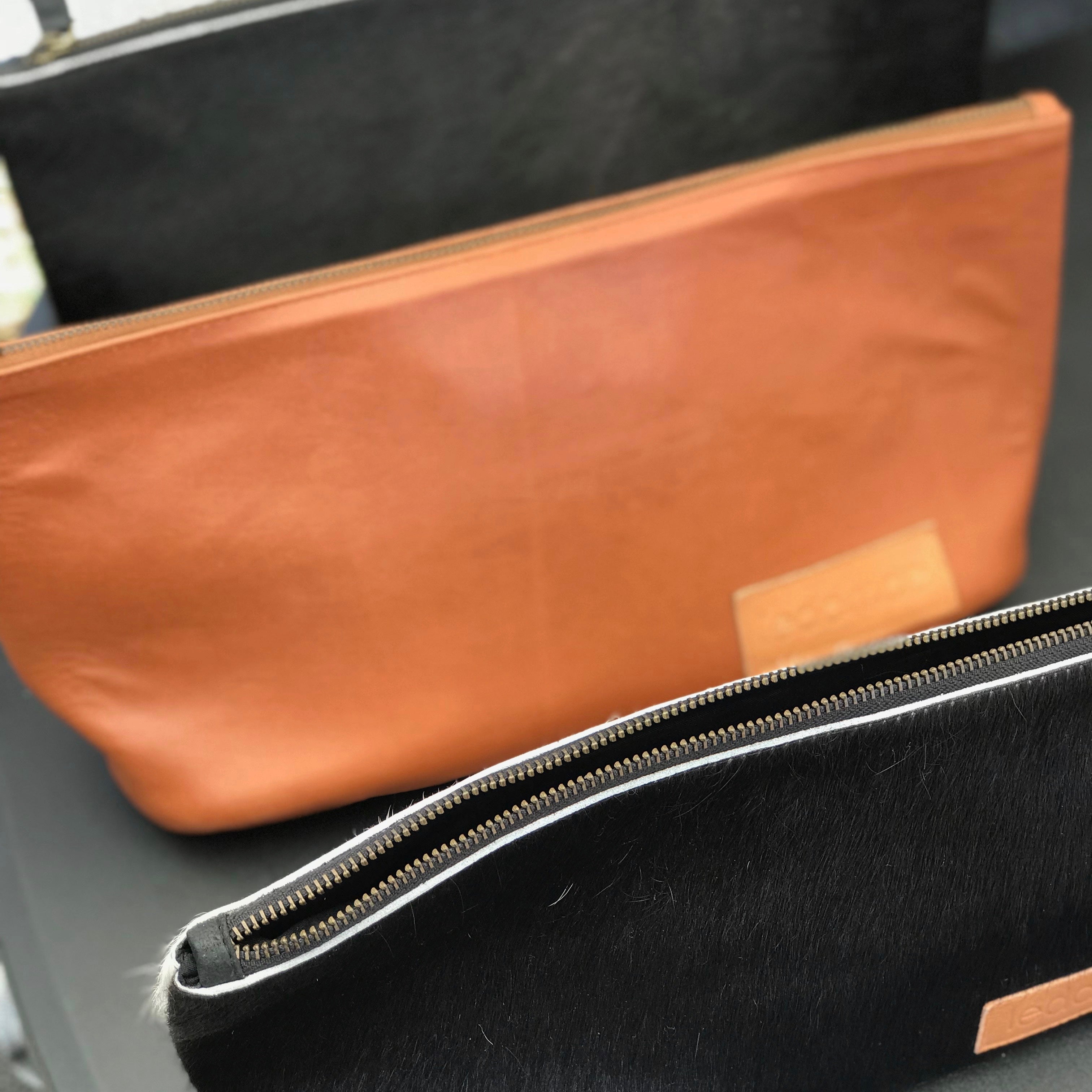 'BROOKLYN' black leather + black cowhide makeup/toiletry bag
