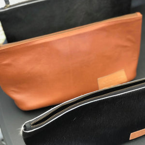 'BROOKLYN' black leather + black cowhide makeup/toiletry bag